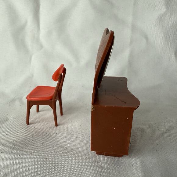 Vintage Dollhouse Vanity Desk & Chair Set Plastic Hong Kong Mid-Century Style - Picture 5 of 5